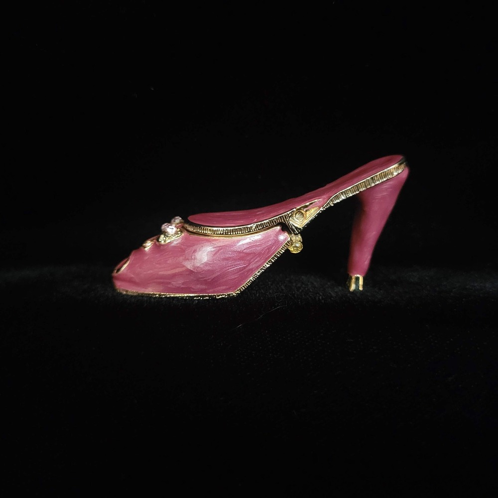 Monet Vintage Pink Enamel High Heel Shoe Trinket Box Rhinestone Bow Gold Tone